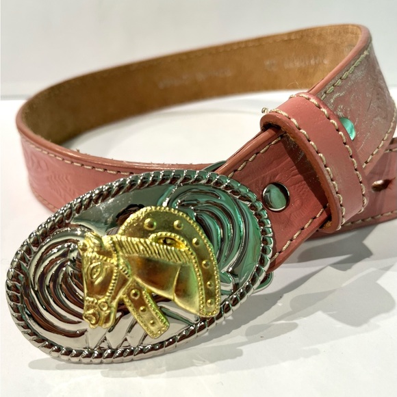 Nocona Western Equestrian Pink Leather Belt Girls 22" With Horse Buckle - Picture 2 of 10